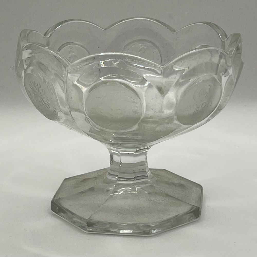 Vintage Clear Glass Footed Compote‎ Bowl Coin Pattern Dessert Serving Dish